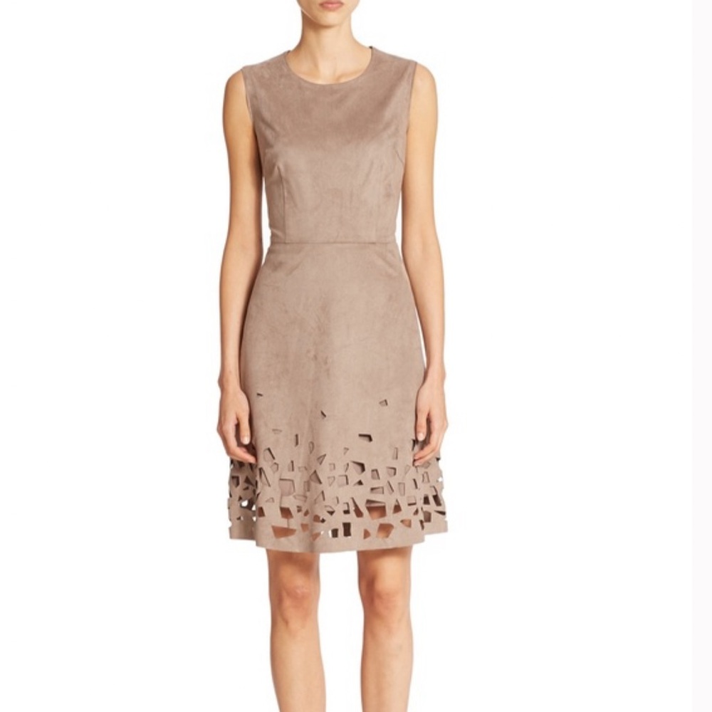 🎉HP🎉 Elie Tahari Coffee Brown Suede Laser Cut Dress - size 14